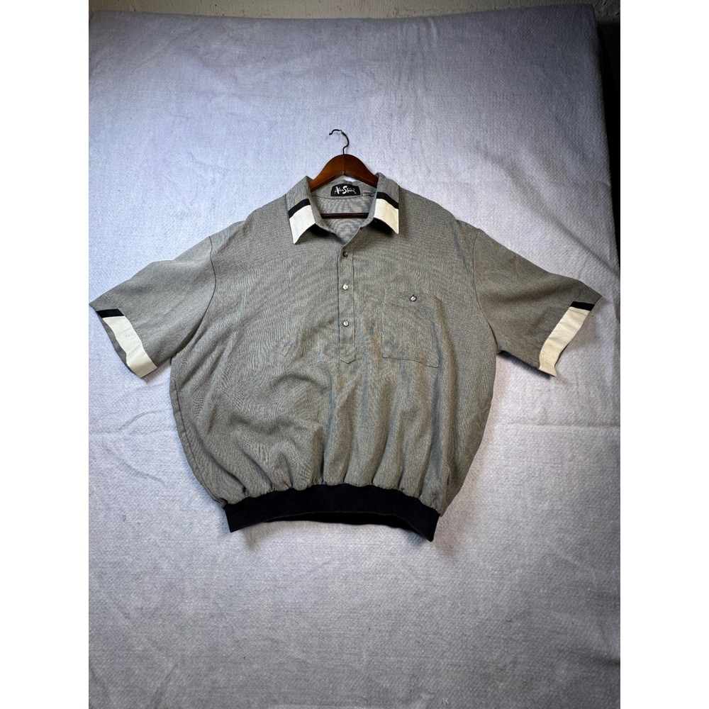 Alan Stuart Mens 2XL Grey Micro Stripe Banded Bottom Polo Shirt VTG Made in USA